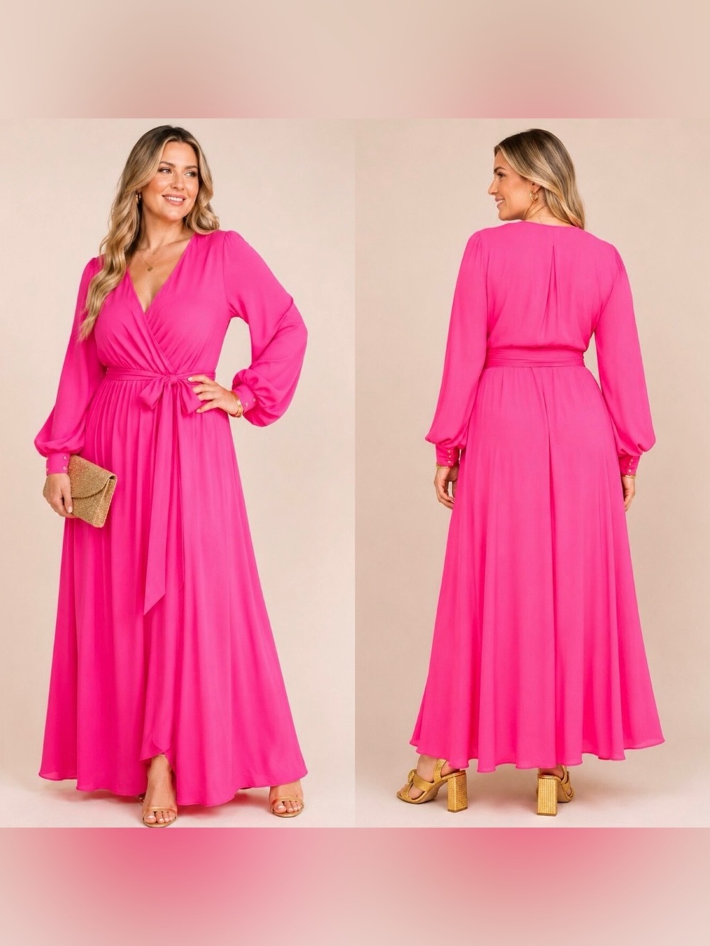 Meghan LA Lilypad Surplice V‑Neck Belted Long Sleeve Maxi Dress in Papaya Pink